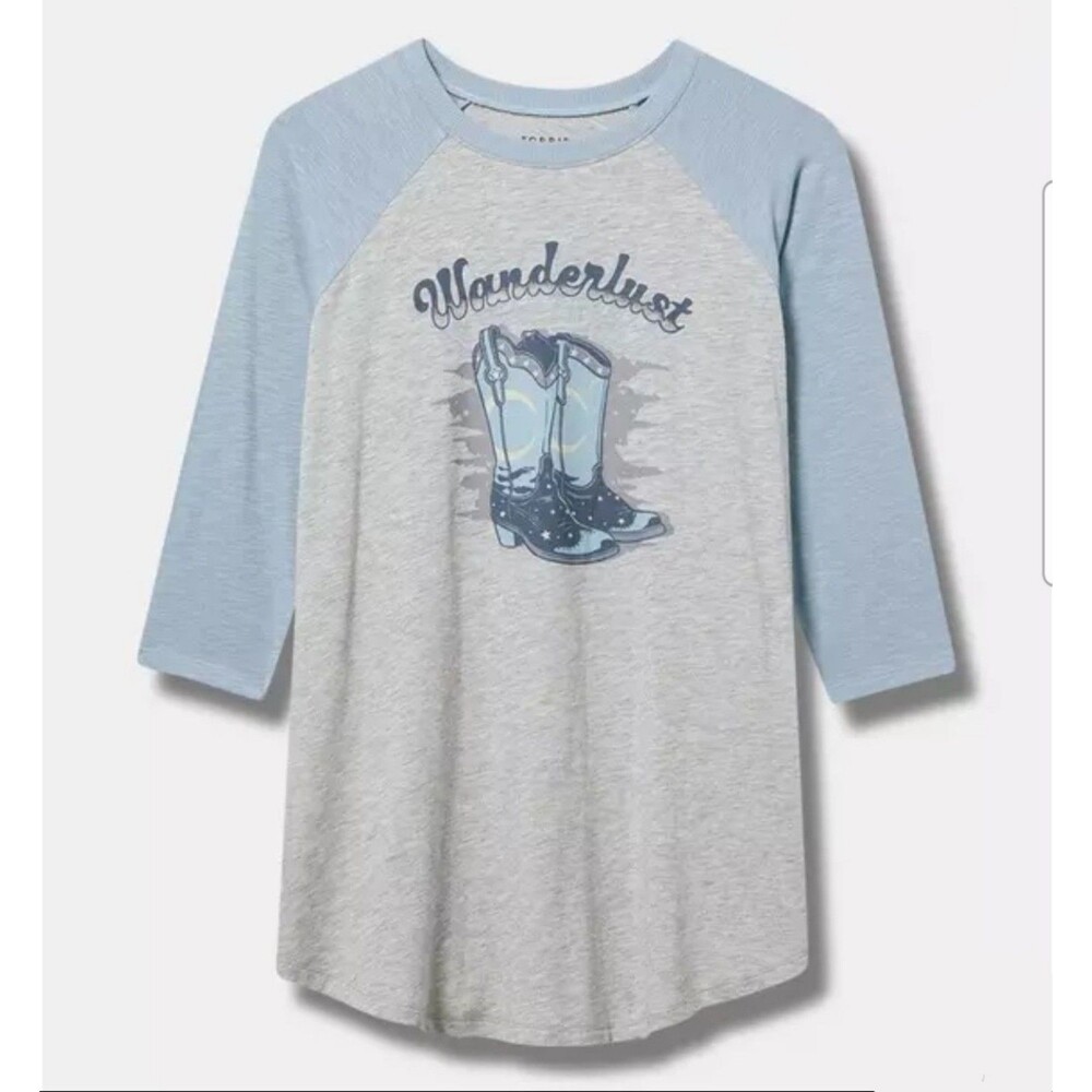 Torrid Wanderlust Baby Blue & Gray 3/4 Sleeve Raglan Tee W/Cowgirl Boots Size 2X